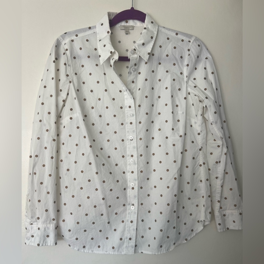 TALBOTS- White & Gold Polka Dot Button-Up Shirt 100% cotton - Size SM